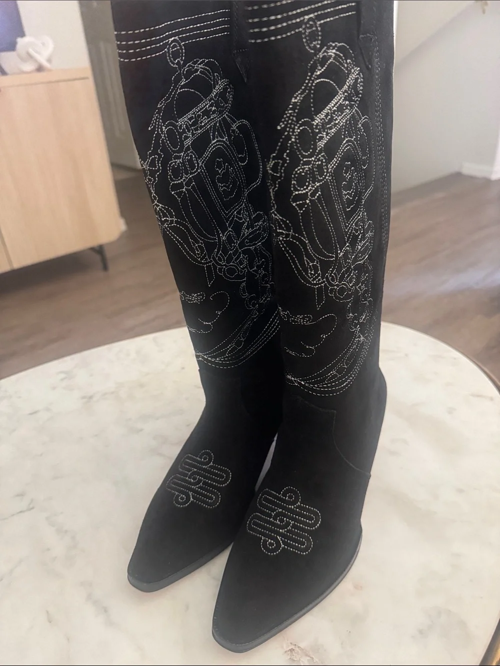 Hermes Black Suede Over-the-Knee Boots with White Stitching